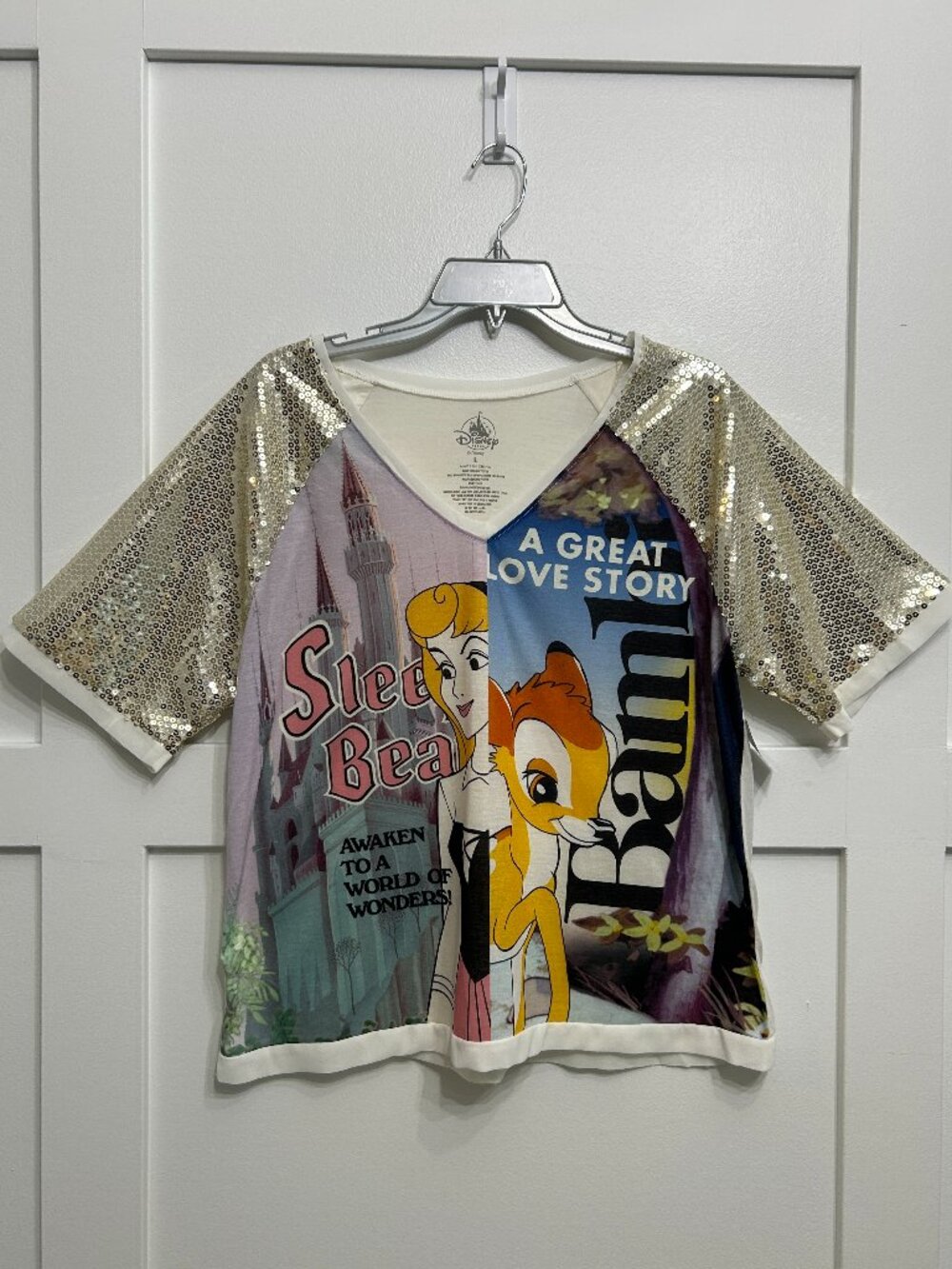 Disney Parks Sleeping Beauty Aurora & Bambi Gold Sequin Top Large NWT